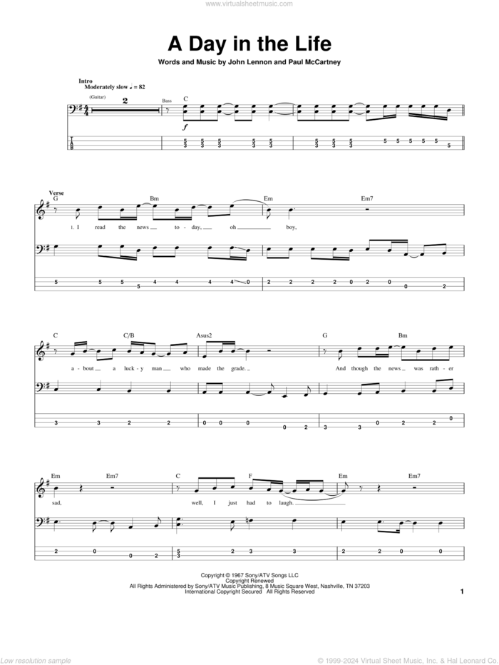 A Day In The Life sheet music for bass (tablature) (bass guitar) by The Beatles, John Lennon and Paul McCartney, intermediate skill level