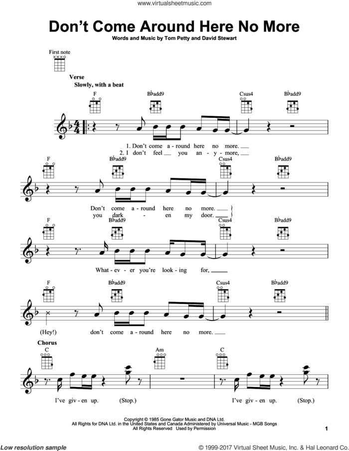 Don't Come Around Here No More sheet music for ukulele by Tom Petty and Dave Stewart, intermediate skill level