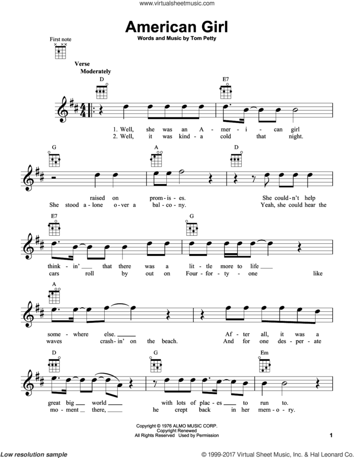 American Girl sheet music for ukulele by Tom Petty, intermediate skill level