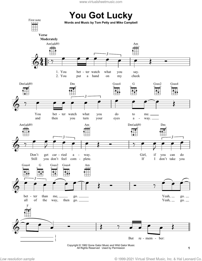 You Got Lucky sheet music for ukulele by Tom Petty and Mike Campbell, intermediate skill level