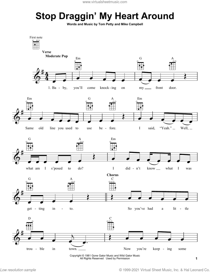 Stop Draggin' My Heart Around sheet music for ukulele by Tom Petty, Stevie Nicks with Tom Petty and Mike Campbell, intermediate skill level
