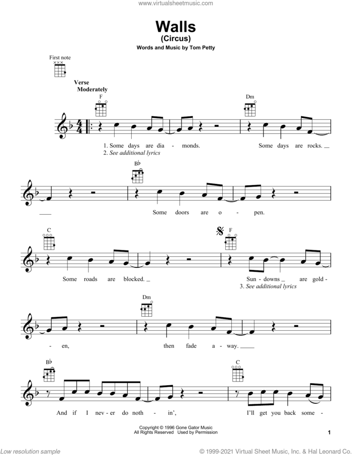 Walls (Circus) sheet music for ukulele by Tom Petty, intermediate skill level