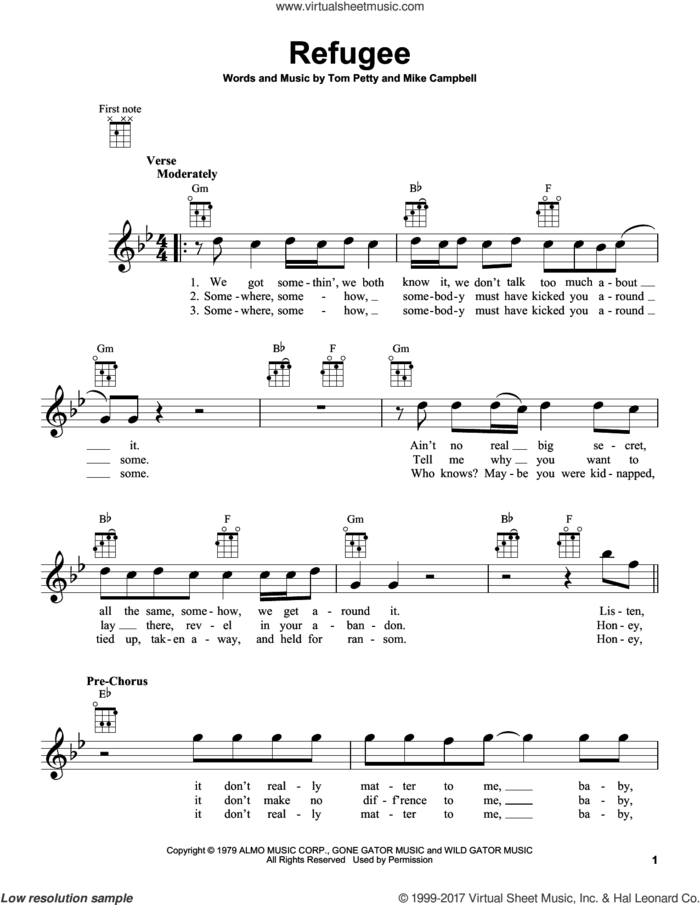 Refugee sheet music for ukulele by Tom Petty and Mike Campbell, intermediate skill level