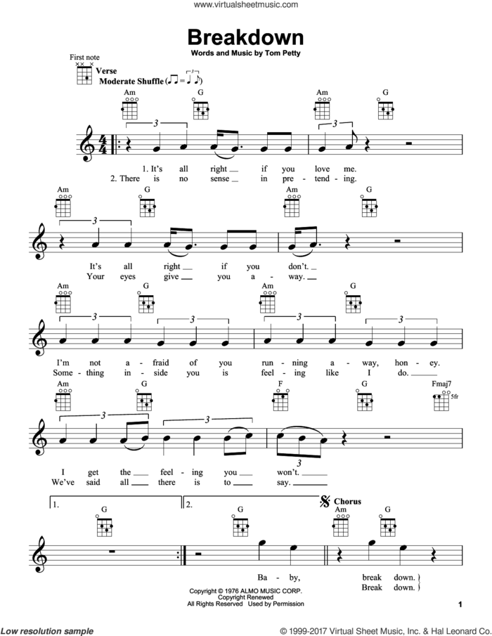 Breakdown sheet music for ukulele by Tom Petty And The Heartbreakers and Tom Petty, intermediate skill level