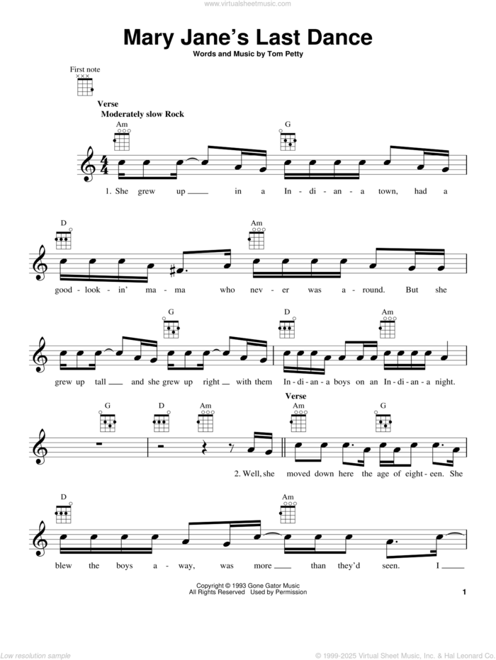 Mary Jane's Last Dance sheet music for ukulele by Tom Petty, intermediate skill level