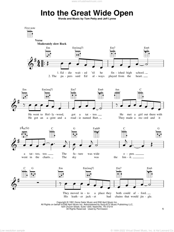 Into The Great Wide Open sheet music for ukulele by Tom Petty and Jeff Lynne, intermediate skill level