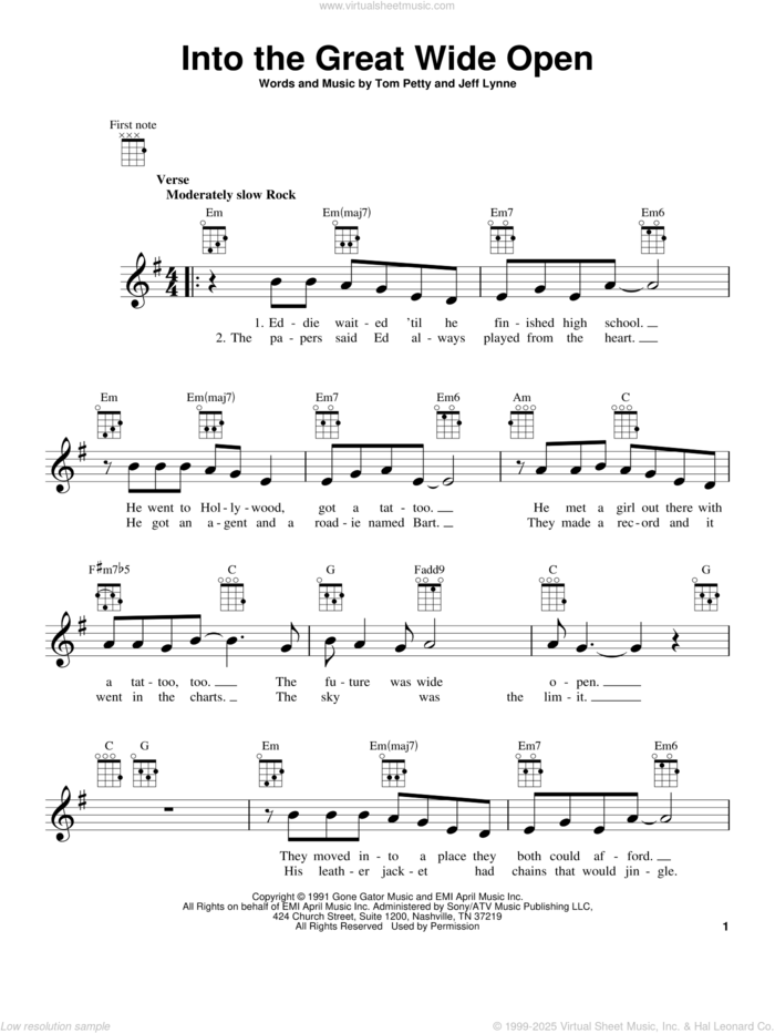 Into The Great Wide Open sheet music for ukulele by Tom Petty and Jeff Lynne, intermediate skill level