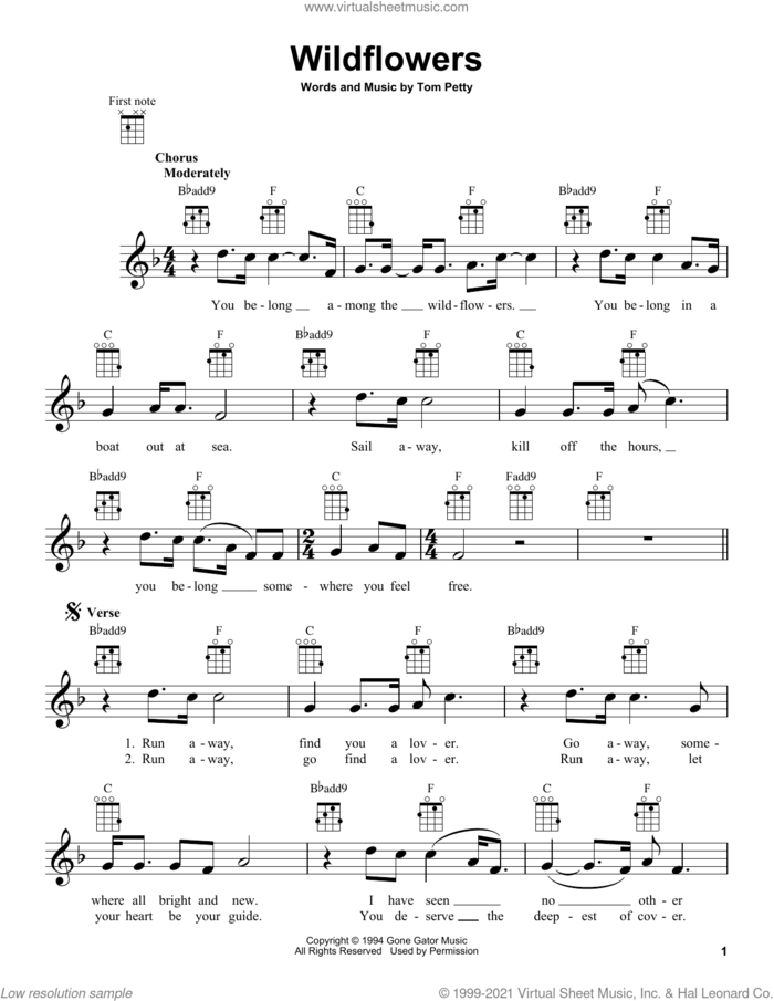 Wildflowers sheet music for ukulele by Tom Petty, intermediate skill level