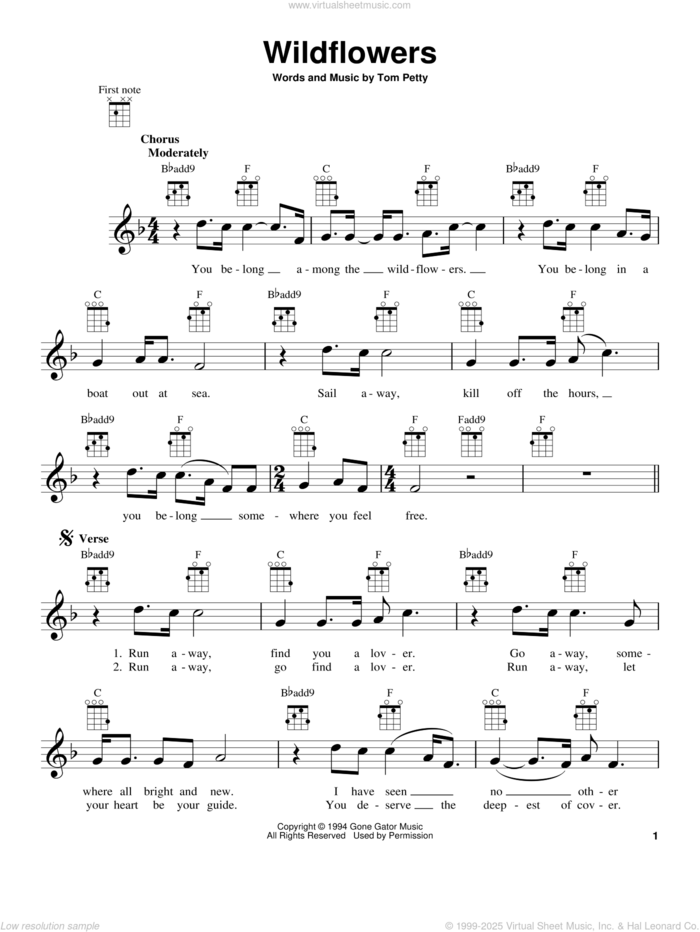 Wildflowers (from The Daily Ukulele) sheet music for ukulele by Tom Petty, intermediate skill level