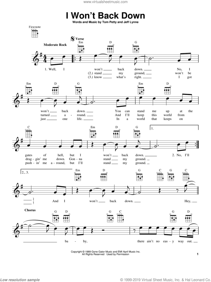 I Won't Back Down sheet music for ukulele by Tom Petty and Jeff Lynne, intermediate skill level