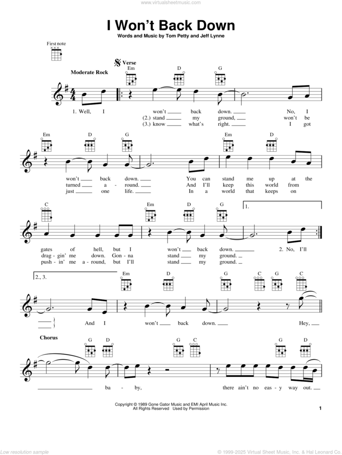 I Won't Back Down sheet music for ukulele by Tom Petty and Jeff Lynne, intermediate skill level