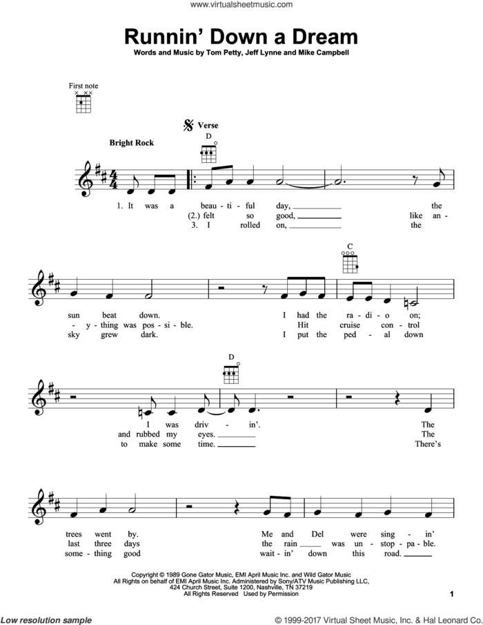 Runnin' Down A Dream sheet music for ukulele by Tom Petty, Jeff Lynne and Mike Campbell, intermediate skill level