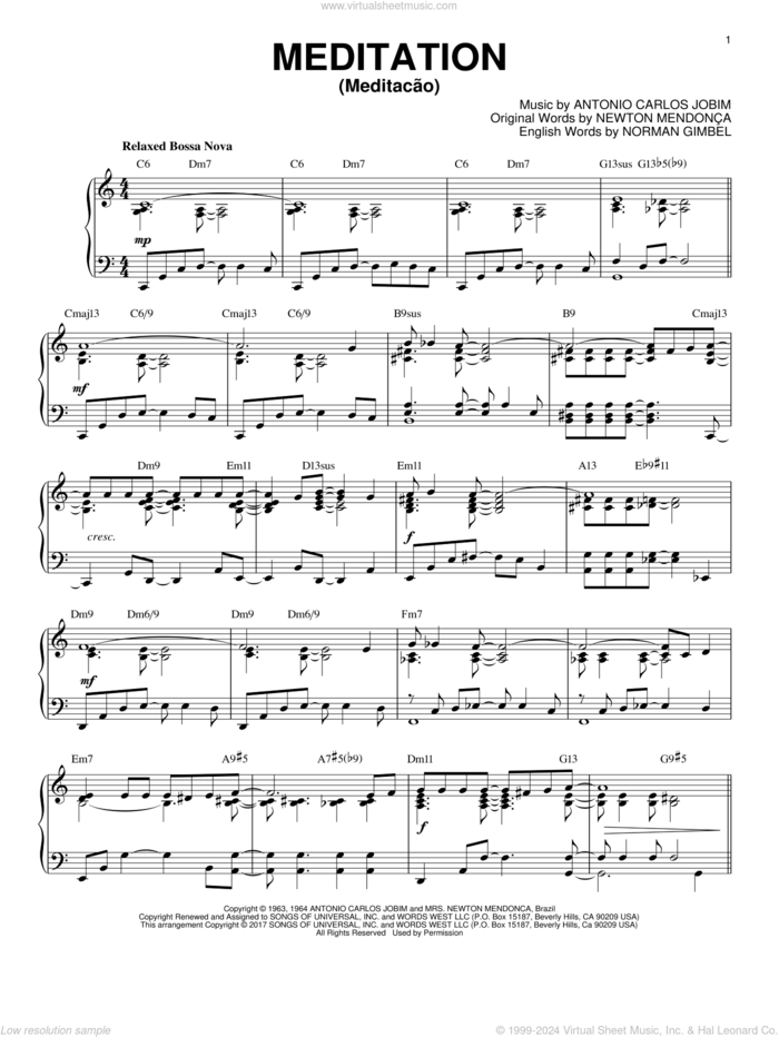 Meditation (Meditacao) [Jazz version] sheet music for piano solo by Norman Gimbel, Charlie Byrd w/The Walter Raim Strings, Antonio Carlos Jobim, Newton MendonAAa and Newton Mendonca, intermediate skill level