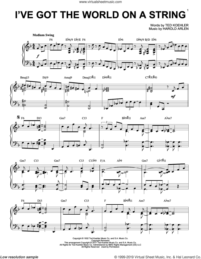 I've Got The World On A String [Jazz version] sheet music for piano solo by Harold Arlen, Dick Hyman and Ted Koehler, intermediate skill level