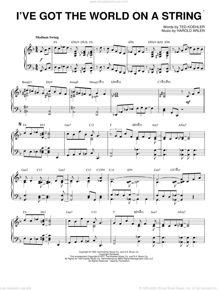 I've Got The World On A String [Jazz version] sheet music for piano solo by Harold Arlen, Dick Hyman and Ted Koehler, intermediate skill level