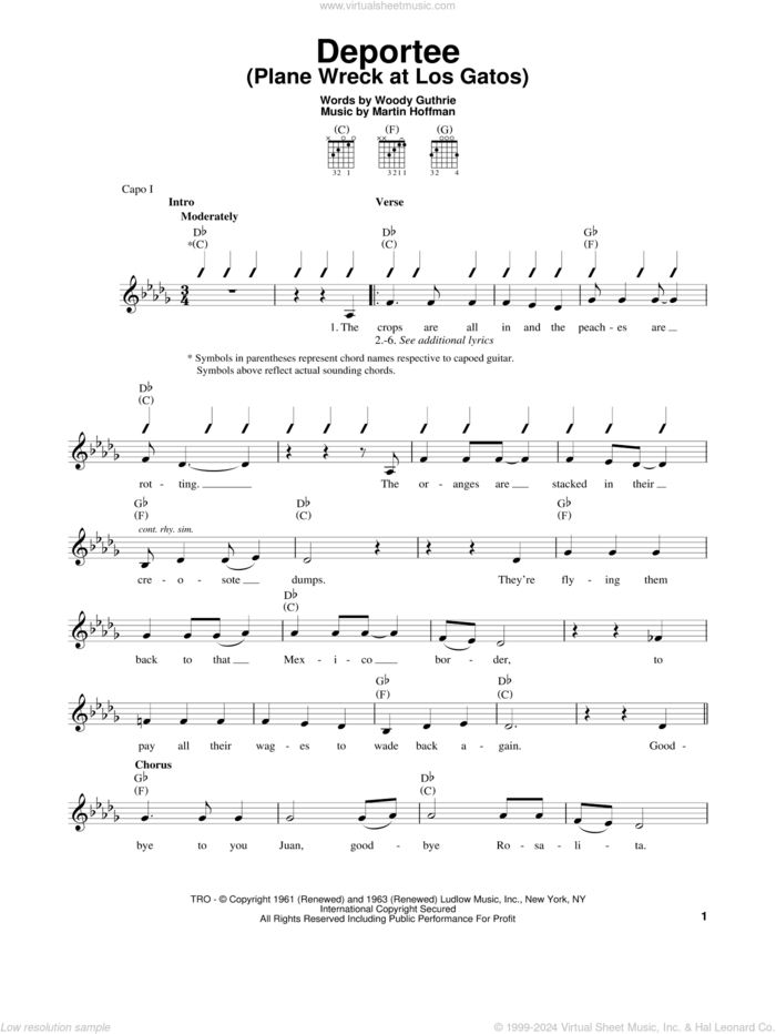 Deportee (Plane Wreck At Los Gatos) sheet music for guitar solo (chords) by Woody Guthrie and Martin Hoffman, easy guitar (chords)