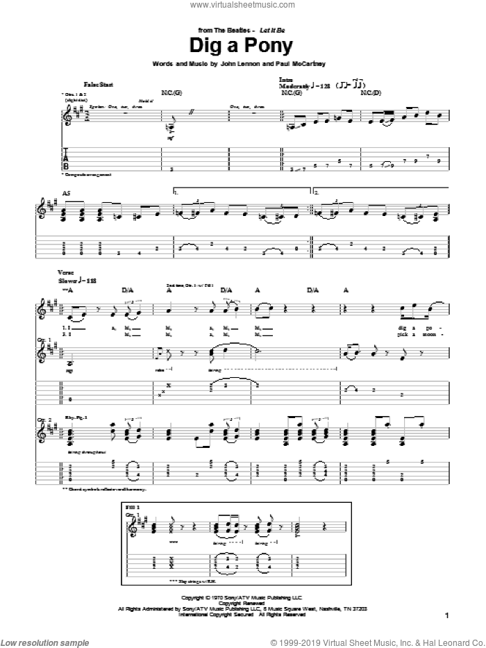 Dig A Pony sheet music for guitar (tablature) by The Beatles, John Lennon and Paul McCartney, intermediate skill level