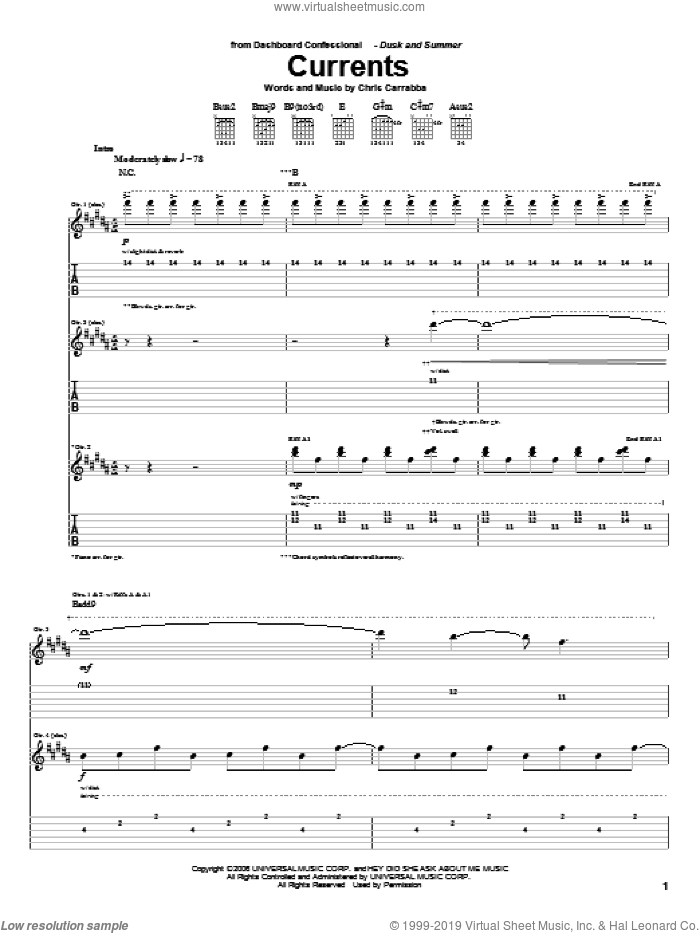 Currents sheet music for guitar (tablature) by Dashboard Confessional and Chris Carrabba, intermediate skill level