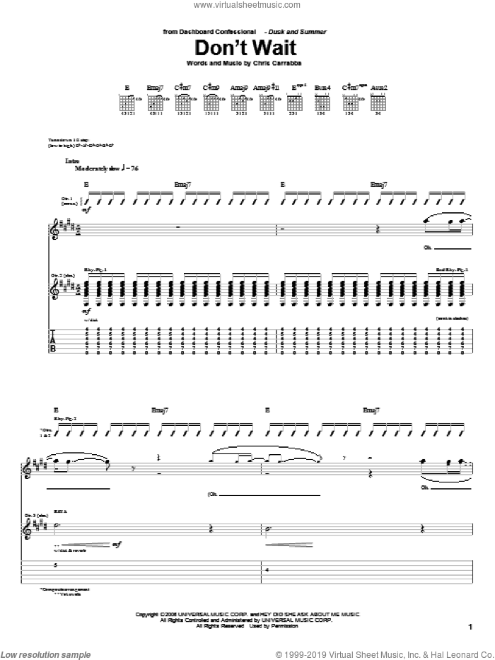 Don't Wait sheet music for guitar (tablature) by Dashboard Confessional and Chris Carrabba, intermediate skill level