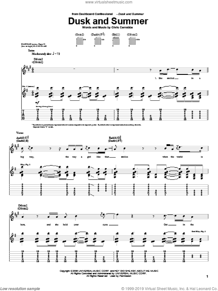 Dusk And Summer sheet music for guitar (tablature) by Dashboard Confessional and Chris Carrabba, intermediate skill level