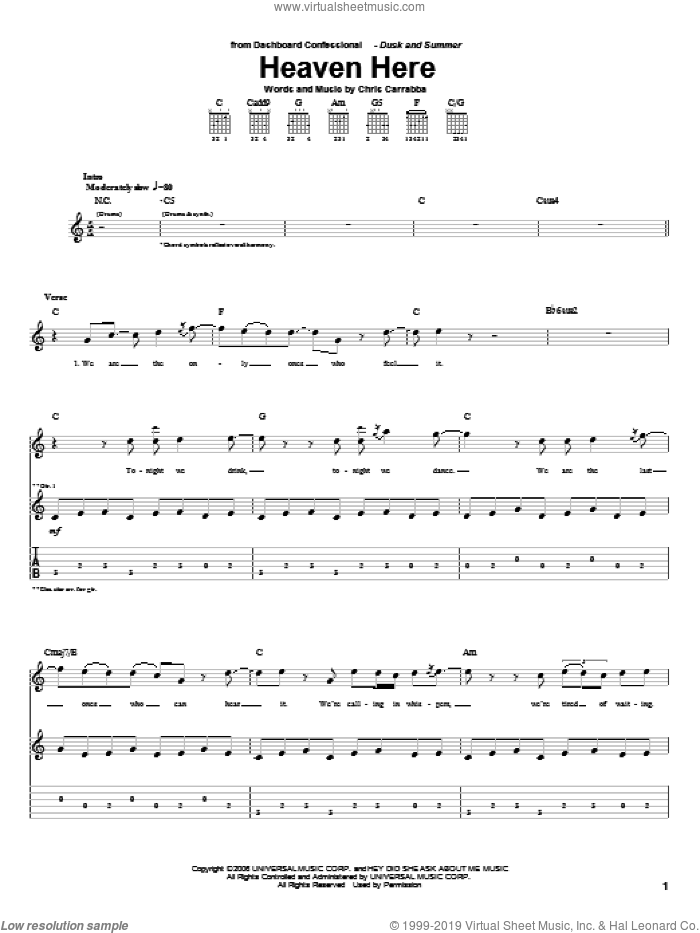 Heaven Here sheet music for guitar (tablature) by Dashboard Confessional and Chris Carrabba, intermediate skill level