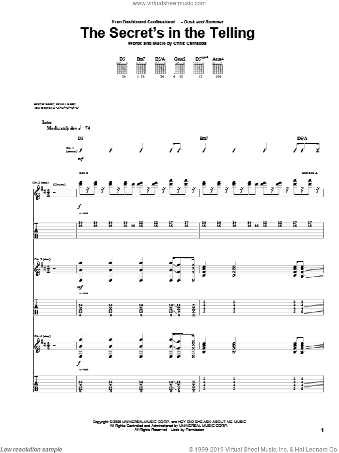 The Secret's In The Telling sheet music for guitar (tablature) by Dashboard Confessional and Chris Carrabba, intermediate skill level