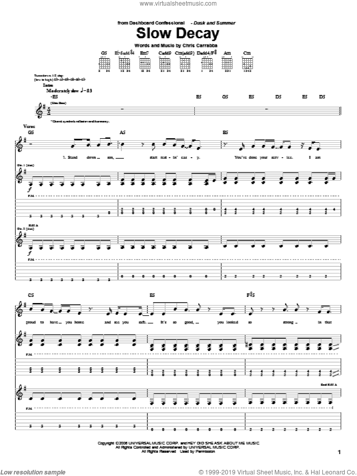 Slow Decay sheet music for guitar (tablature) by Dashboard Confessional and Chris Carrabba, intermediate skill level