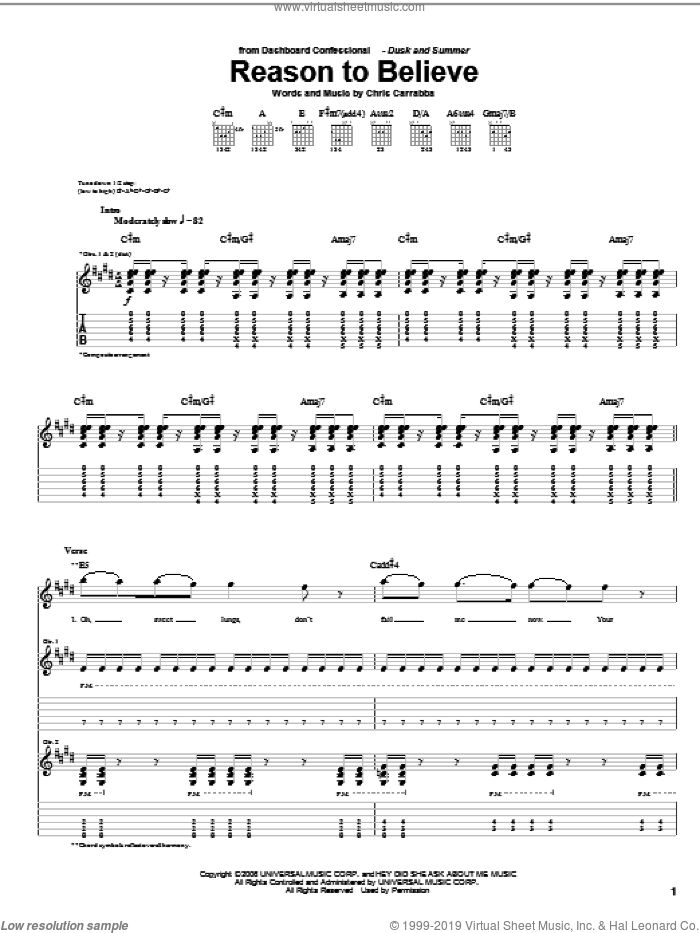 Reason To Believe sheet music for guitar (tablature) by Dashboard Confessional and Chris Carrabba, intermediate skill level