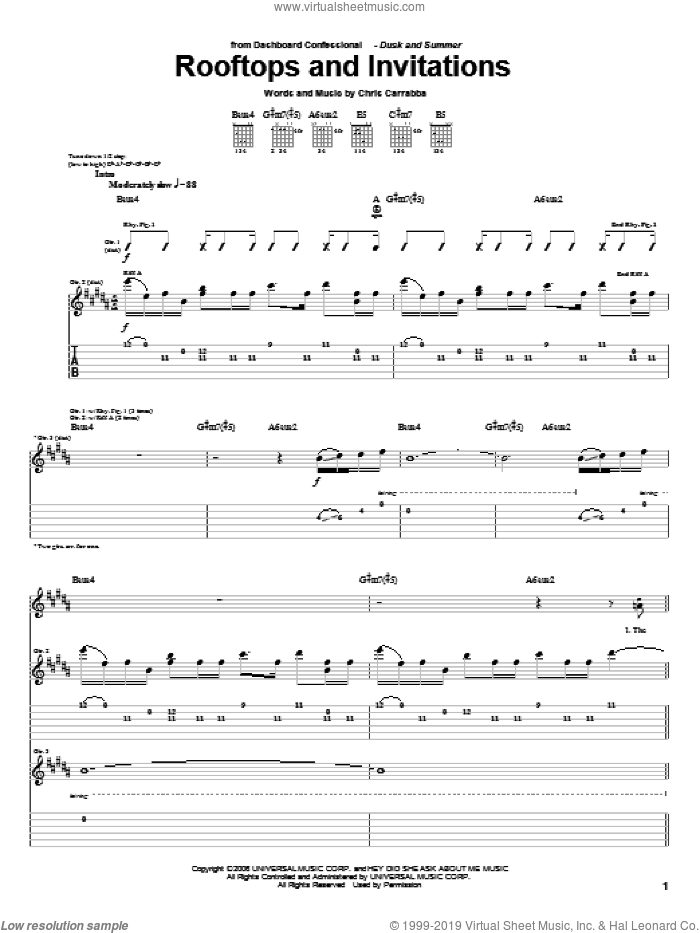 Rooftops And Invitations sheet music for guitar (tablature) by Dashboard Confessional and Chris Carrabba, intermediate skill level