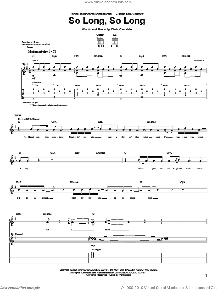 So Long, So Long sheet music for guitar (tablature) by Dashboard Confessional and Chris Carrabba, intermediate skill level