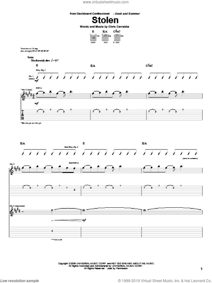Stolen sheet music for guitar (tablature) by Dashboard Confessional and Chris Carrabba, intermediate skill level