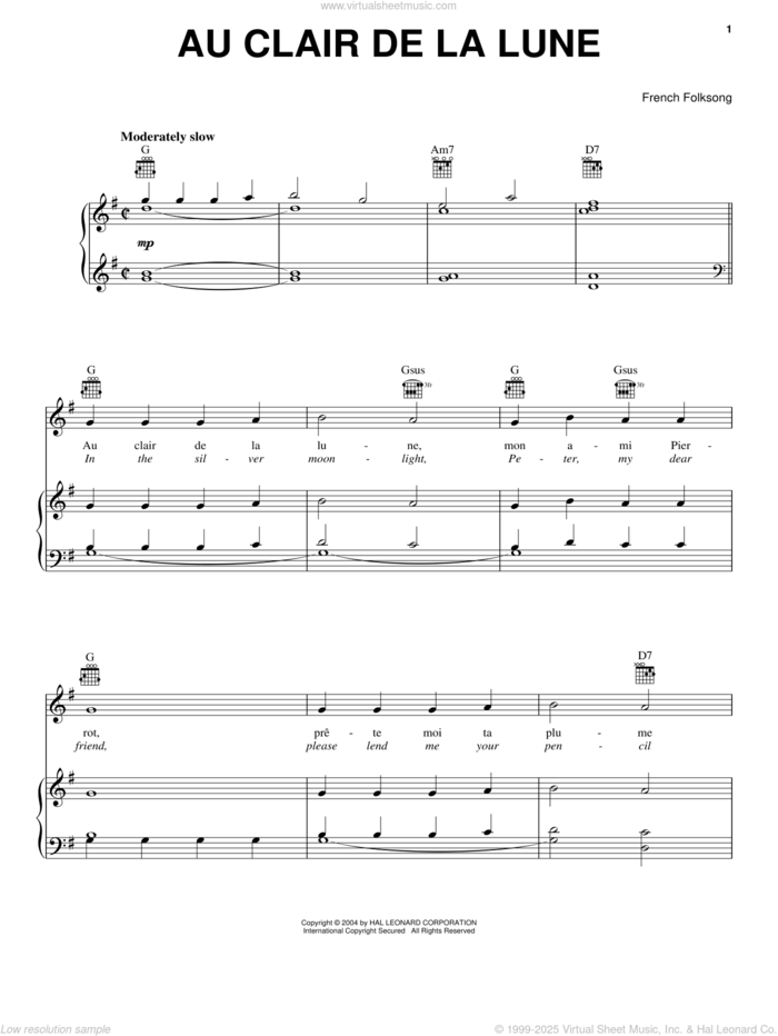 Au Clair De La Lune sheet music for voice, piano or guitar, intermediate skill level