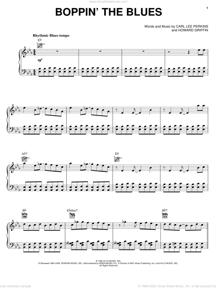 Boppin' The Blues sheet music for voice, piano or guitar by Carl Perkins and Howard Griffin, intermediate skill level