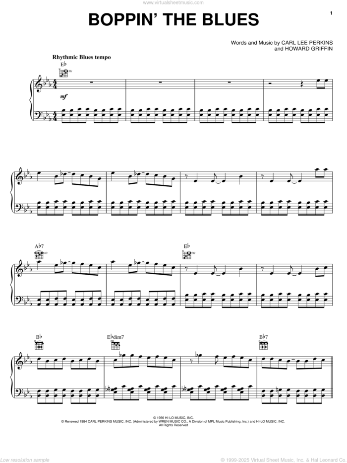 Boppin' The Blues sheet music for voice, piano or guitar by Carl Perkins and Howard Griffin, intermediate skill level