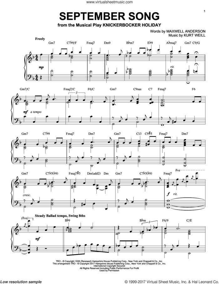 September Song [Jazz version] sheet music for piano solo by Kurt Weill, Jimmy Durante, Willie Nelson and Maxwell Anderson, intermediate skill level