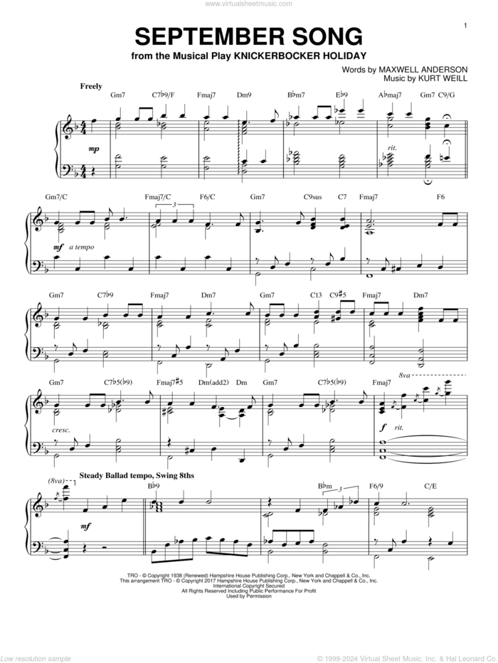 September Song [Jazz version] sheet music for piano solo by Kurt Weill, Jimmy Durante, Willie Nelson and Maxwell Anderson, intermediate skill level