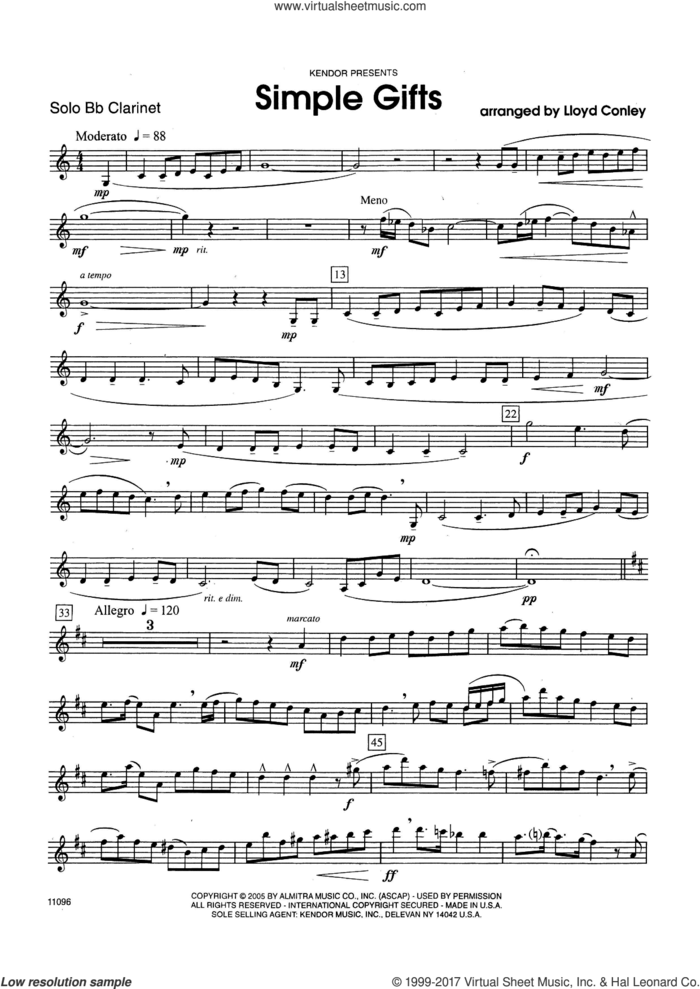 Simple Gifts (complete set of parts) sheet music for clarinet and piano by Lloyd Conely and Miscellaneous, classical score, intermediate skill level