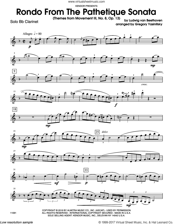 Rondo From The Pathetique Sonata (Themes From Movement III, No. 8, Op. 13) (complete set of parts) sheet music for clarinet and piano by Ludwig van Beethoven and Gregory Yasinitsky, classical score, intermediate skill level