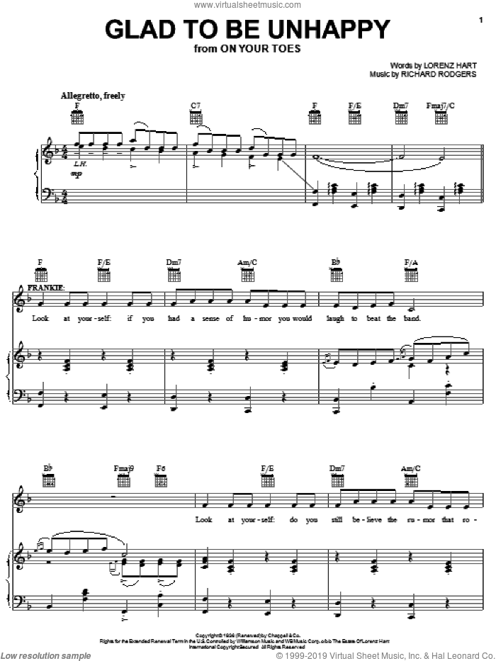 Glad To Be Unhappy sheet music for voice, piano or guitar by Rodgers & Hart, Frank Sinatra, Lorenz Hart and Richard Rodgers, intermediate skill level