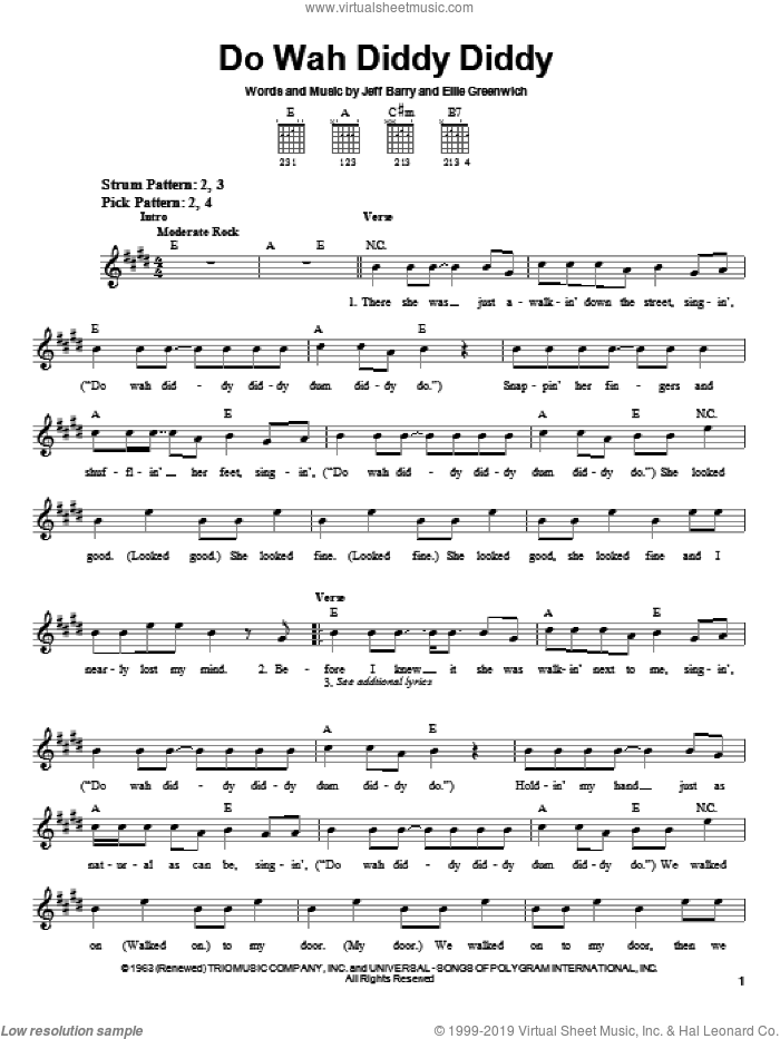 Do Wah Diddy Diddy sheet music for guitar solo (chords) by Manfred Mann, Ellie Greenwich and Jeff Barry, easy guitar (chords)