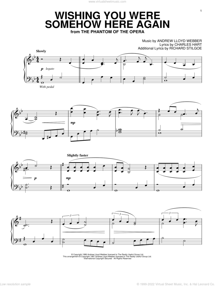Wishing You Were Somehow Here Again (from The Phantom Of The Opera), (intermediate) sheet music for piano solo by Andrew Lloyd Webber, Charles Hart and Richard Stilgoe, intermediate skill level