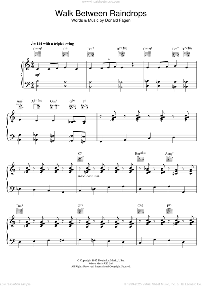 Walk Between Raindrops sheet music for voice, piano or guitar by Donald Fagen, intermediate skill level