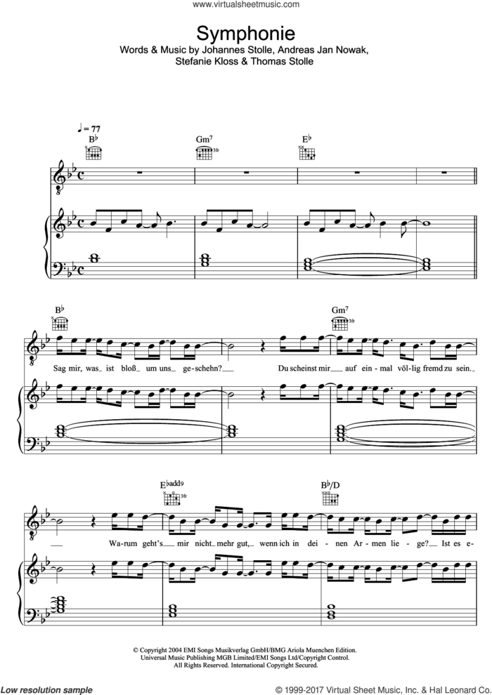 Symphonie sheet music for voice, piano or guitar by Silbermond, intermediate skill level