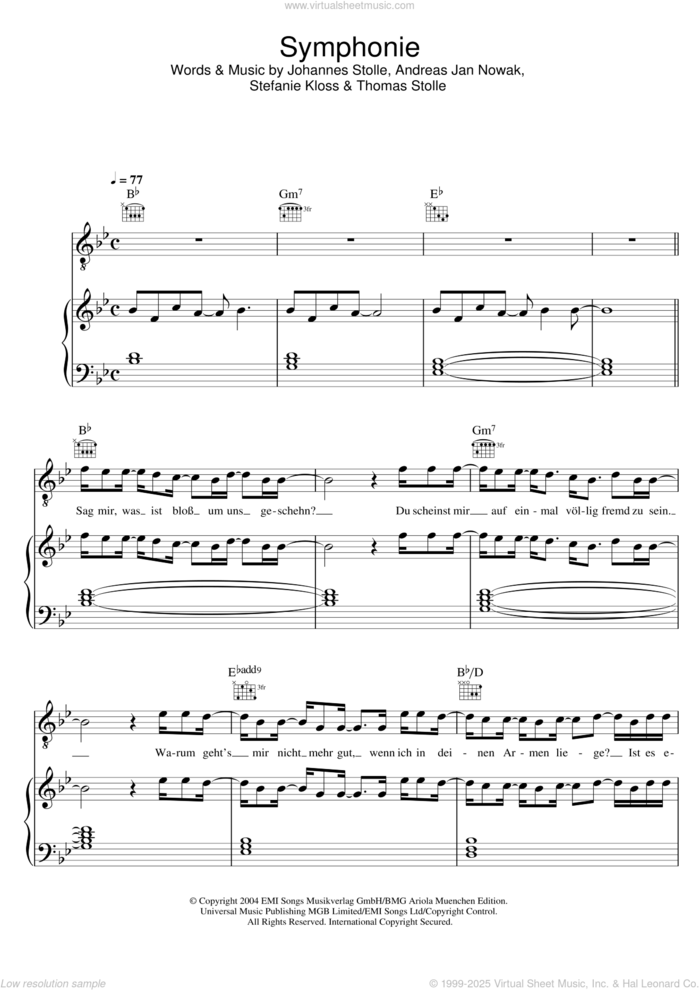 Symphonie sheet music for voice, piano or guitar by Silbermond, intermediate skill level