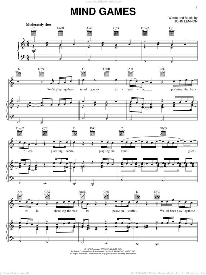 Mind Games sheet music for voice, piano or guitar by John Lennon, intermediate skill level