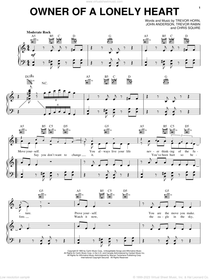 Owner Of A Lonely Heart sheet music for voice, piano or guitar by Yes, Chris Squire, Jon Anderson, Trevor Horn and Trevor Rabin, intermediate skill level