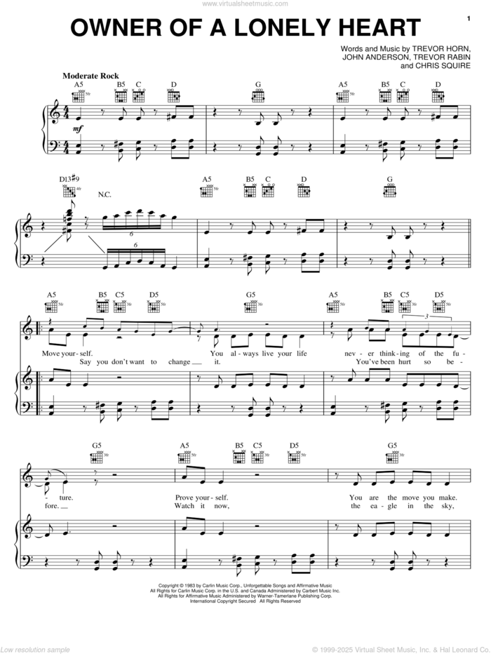 Owner Of A Lonely Heart sheet music for voice, piano or guitar by Yes, Chris Squire, Jon Anderson, Trevor Horn and Trevor Rabin, intermediate skill level