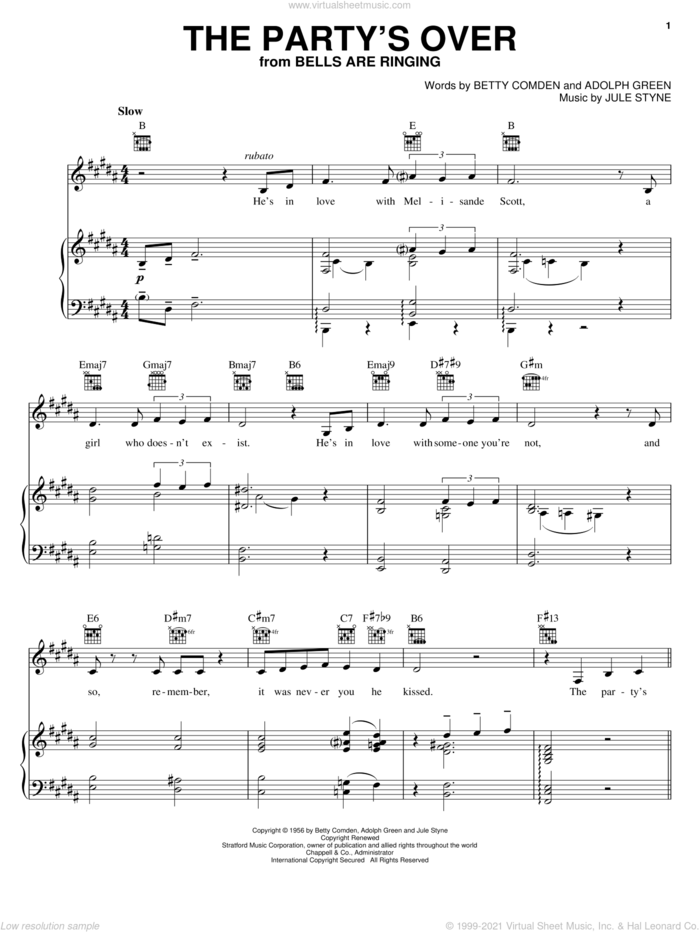 The Party's Over sheet music for voice, piano or guitar by Jule Styne, Adolph Green and Betty Comden, intermediate skill level