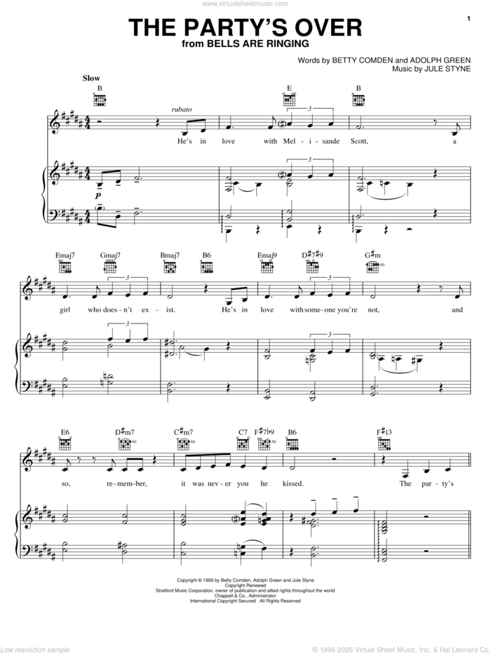 The Party's Over sheet music for voice, piano or guitar by Jule Styne, Adolph Green and Betty Comden, intermediate skill level