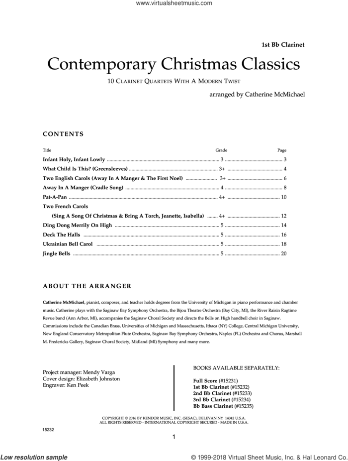 Contemporary Christmas Classics - 1st Bb Clarinet sheet music for clarinet quartet by Catherine McMichael, intermediate skill level